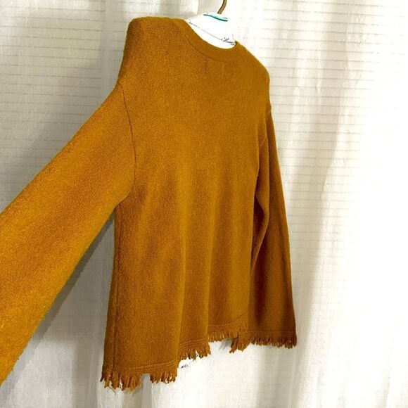 Anthropologie S Joy Mustard Soft Knit Fringe Hem V-Neck Jumper Sweater - Picture 10 of 16